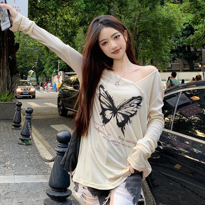 Áo Thun Dài Tay Đính Nơ Dáng Rộng Phong Cách Mỹ Cho Nữ