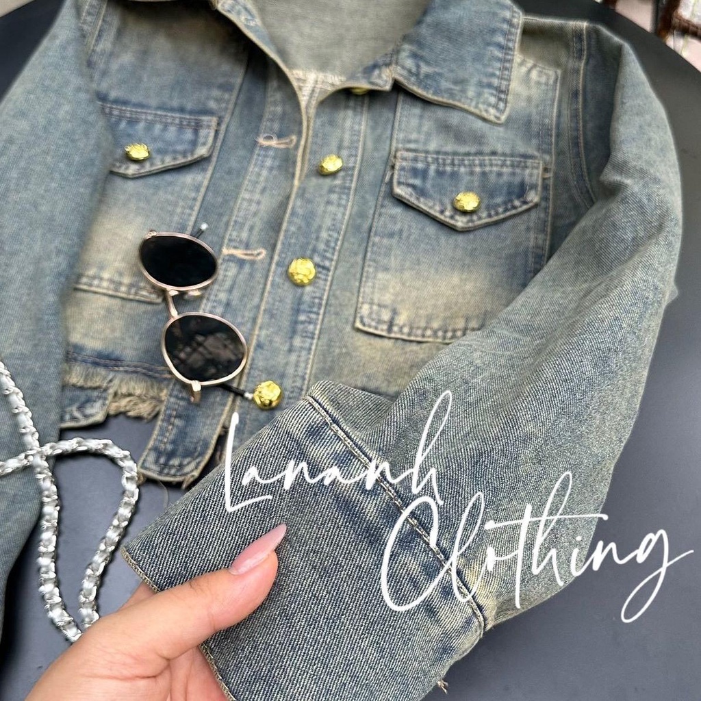 Áo khoác jean croptop QC phối rách màu xanh rêu - 77010 Ảnh thật shop chụp