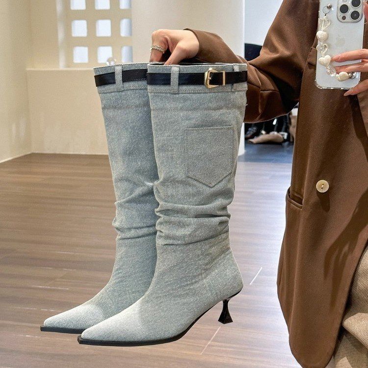 Giày Bốt Cao Gót Mũi Nhọn Chất Liệu denim size 35-40