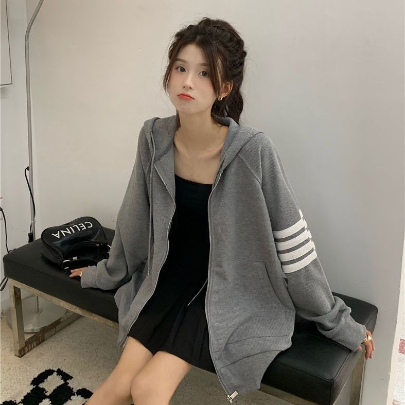 Áo Khoác Hoodie Mỏng Dáng Rộng Màu Xám Có Khóa Kéo Phong Cách Hàn Quốc Thời Trang Xuân Thu Hàng Mới 2022