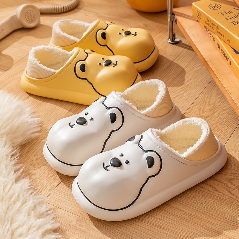 Renben Dép cotton Đi Trong Nhà Chống Trượt Không Thấm Nước In Hoạt Hình Gấu Nhỏ Dễ Thương Cho Cặp Đôi