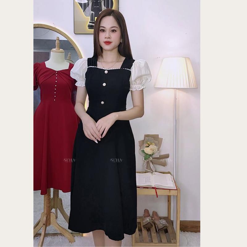 Váy công sở đẹp vai bồng phối tay trắng, cổ vuông Irene Dress V647 
 SUHA Fashion