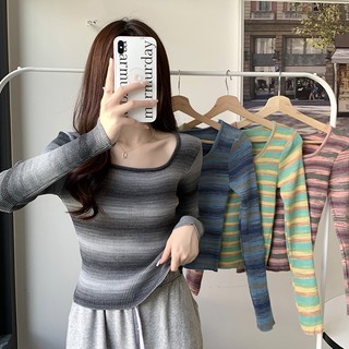 Áo Croptop Dệt Kim Tay Dài Cổ Vuông Họa Tiết Kẻ Sọc Thời Trang Mùa Thu Phong Cách Hàn Quốc Cho Nữ