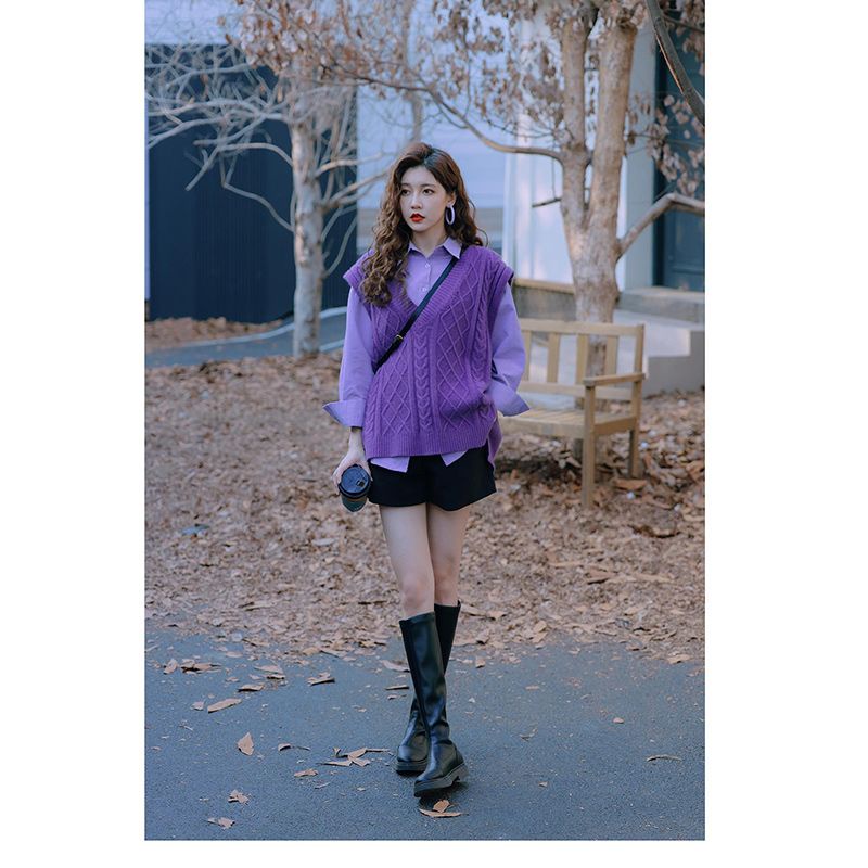 【Bess's house-bigsize】áo sơ mi nữ+gile nữ+quần đùi，Set Áo Thun Ba Lỗ + Quần Short Thời Trang Hàn Quố