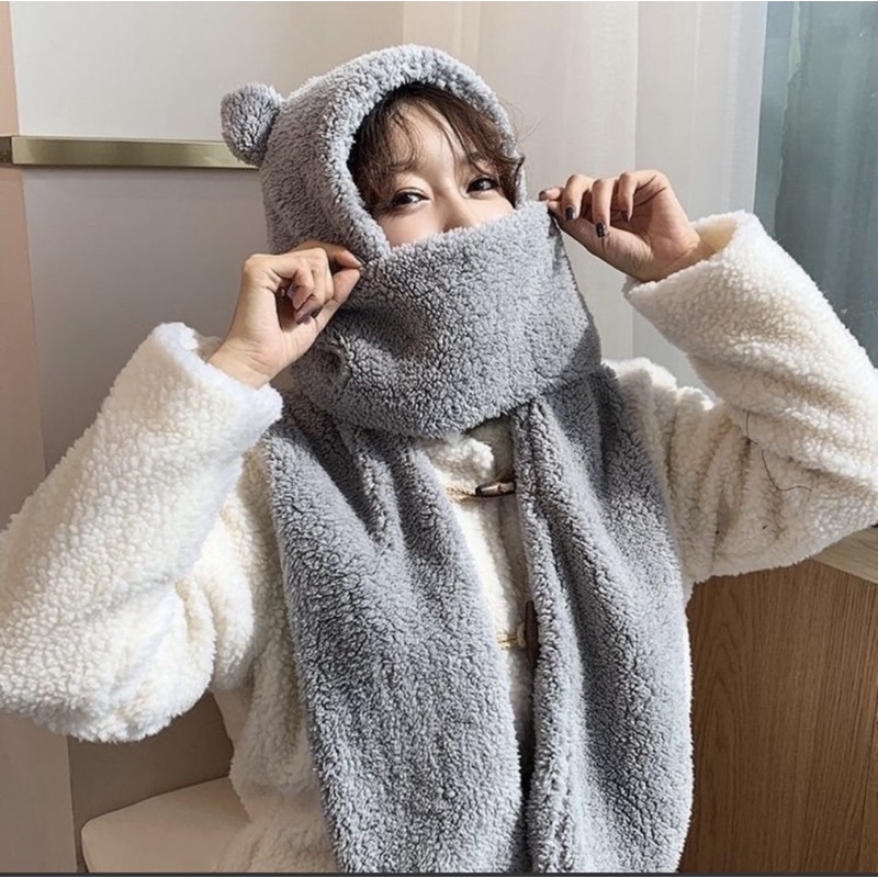 PVN22735 Mũ Lông liền Khăn Tai Gấu Có Chỗ Xỏ Tay T888