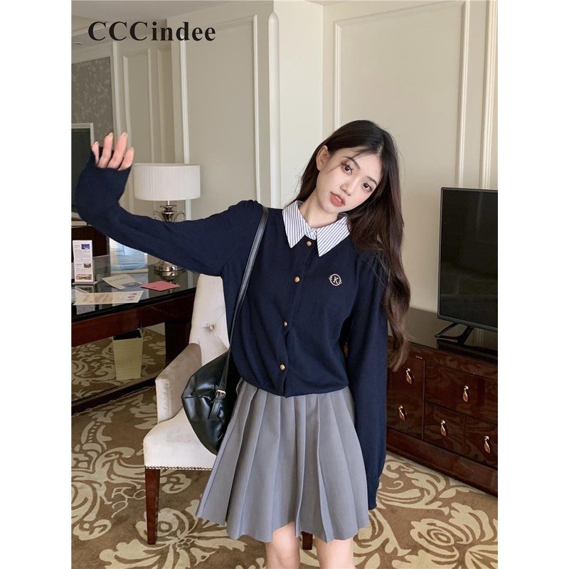 Cccindee Áo Khoác cardigan Tay Dài Cổ Bẻ Dáng Ôm Màu Tương Phản Thời Trang 2023 Dành Cho Bạn Nữ