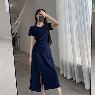 Đầm midi Eo Cao Ôm Dáng Màu Xanh navy Thời Trang Mùa Hè Kiểu Pháp Mới Cho Nữ