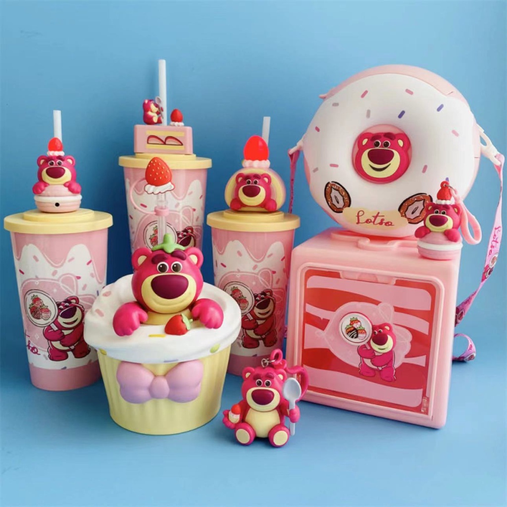 Bình Nước Hình Gấu Dâu Tây Hoạt Hình disney Dễ Thương Có Ống Hút Dưới Dâu Tây