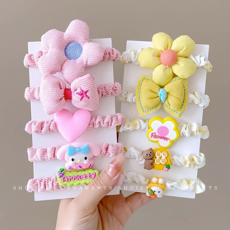 Set 5 Dây Buộc Tóc Cao Su Co Giãn Đính Nơ Kiểu Hàn Quốc Dễ Thương Không Đau Cho Bé Gái