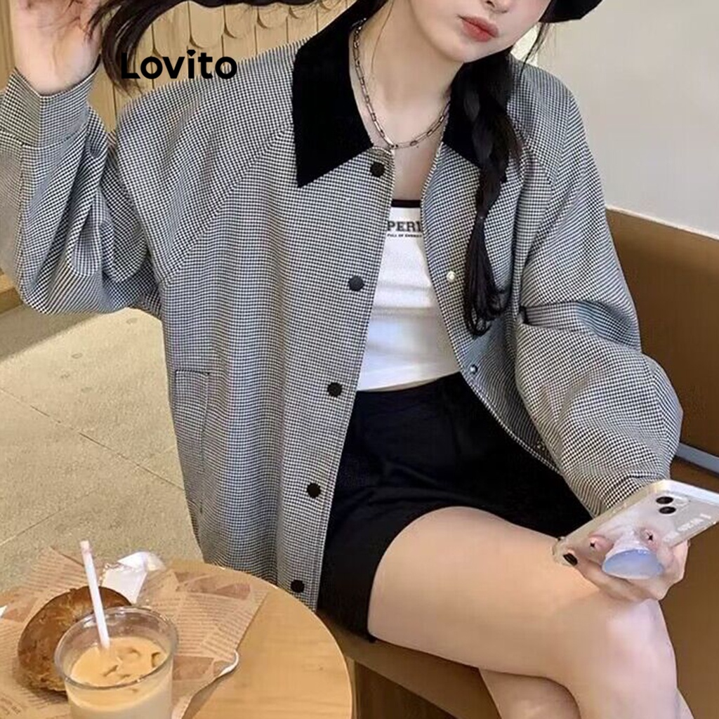 Lovito Áo khoác Houndstooth Colorblock có nút phía trước thông thường dành cho nữ LNE29412