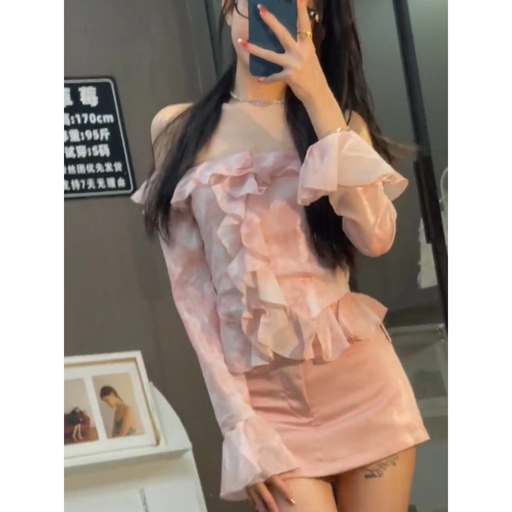 Set Áo Trễ Vai Tay Loe Dài Phối Bèo + Chân Váy Lưng Cao Thời Trang Cho Nữ