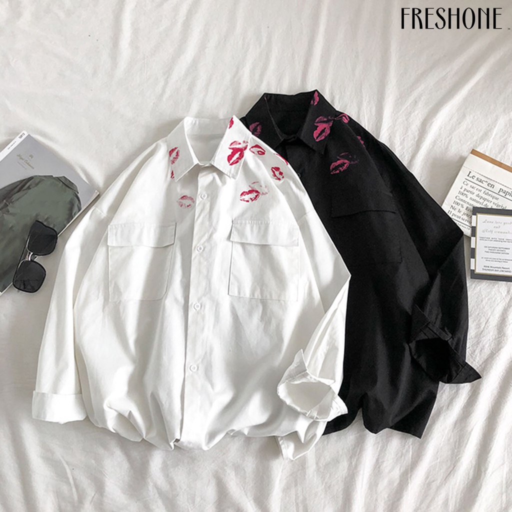 Áo Sơ Mi Tay Dài Có Túi In Hình Nụ Hôn Thời Trang Xuân Thu Cho Nam