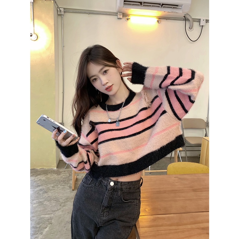 Áo Dệt Kim Tay Dài Dáng Rộng Họa Tiết Kẻ Sọc Phong Cách retro Thời Trang Mùa Thu Cho Nữ