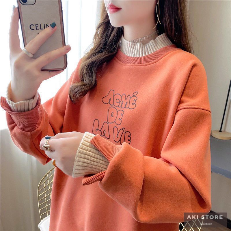 Áo Hoodie Giả Hai Lớp Lót Nhung Dày Dặn Dáng Rộng Thời Trang Thu Đông Mới Cho Nữ