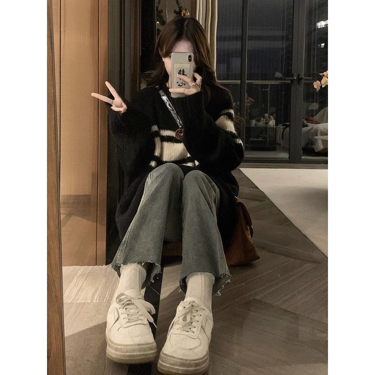 Đen Áo sweater Kẻ Sọc Dáng Rộng Thời Trang Thu Đông Dành Cho Nữ