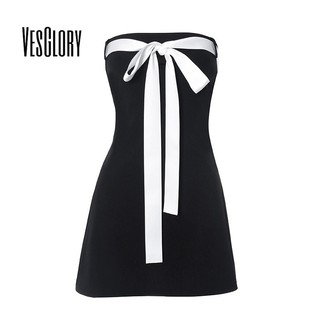 VesGlory Váy Mini nữ Thời Trang Tương Phản Màu Nơ In Tắt Vai Lưng Ôm Bodycon