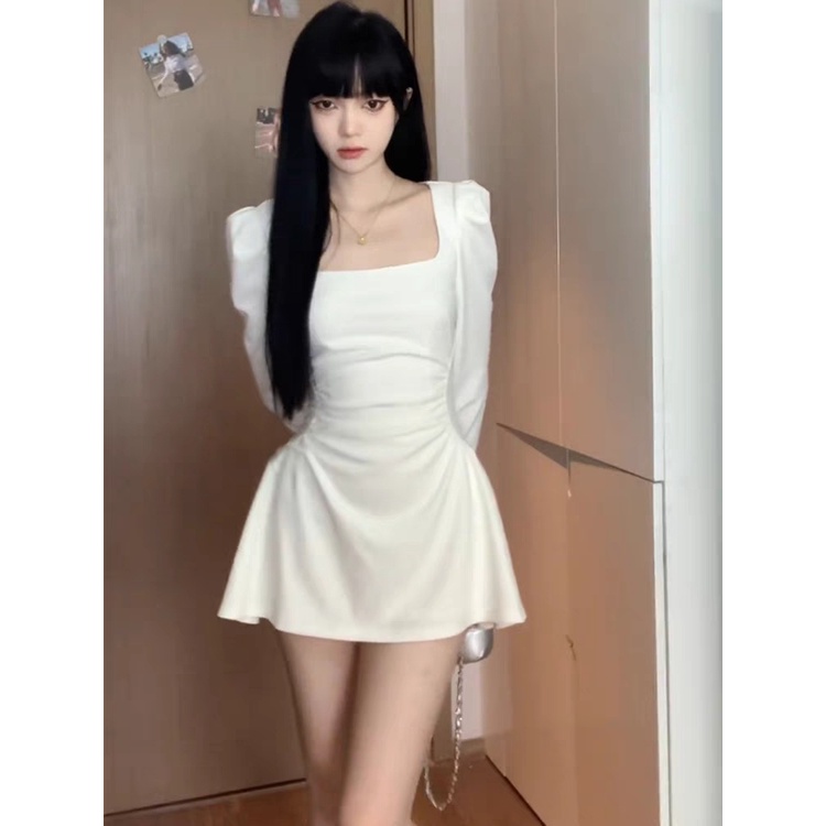 Đầm Nữ Tay Dài Cổ Vuông Thời Trang Mùa Thu Phong Cách Pháp