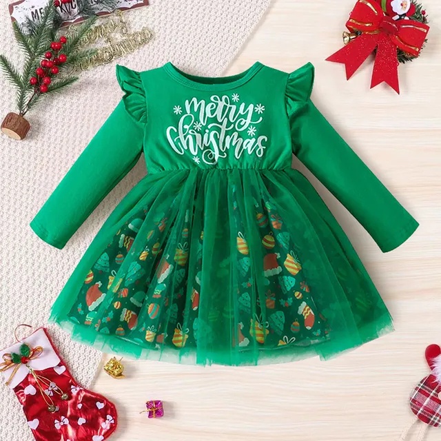 Đầm Giáng Sinh Tay Dài In Họa Tiết Hoạt Hình Ông Già Noel Xinh Xắn Cho Bé Gái