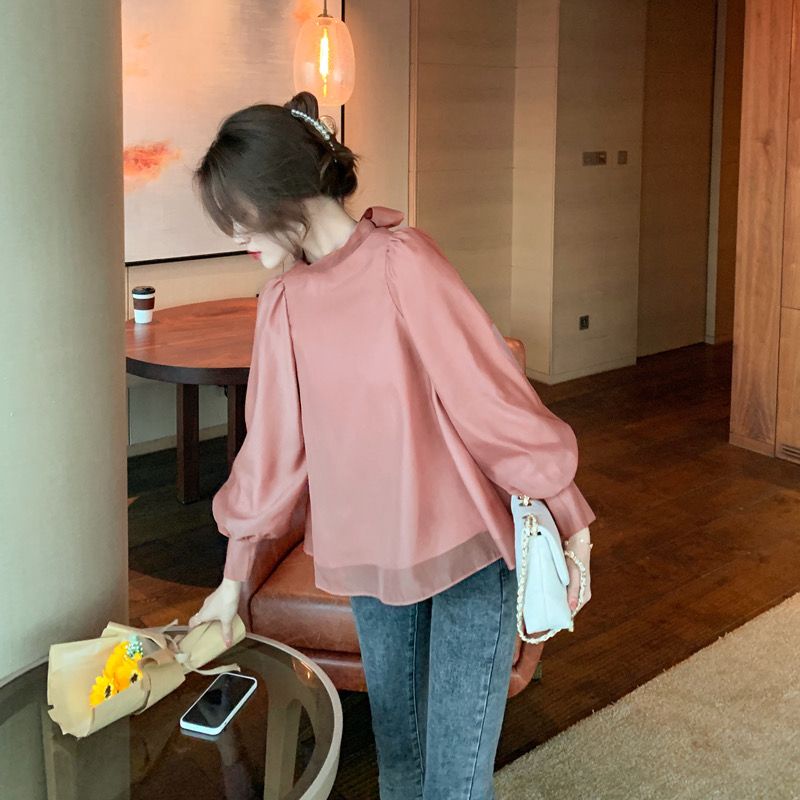 Áo Sơ Mi Voan Tay Phồng Phối Nơ Xinh Xắn Dành Cho Nữ