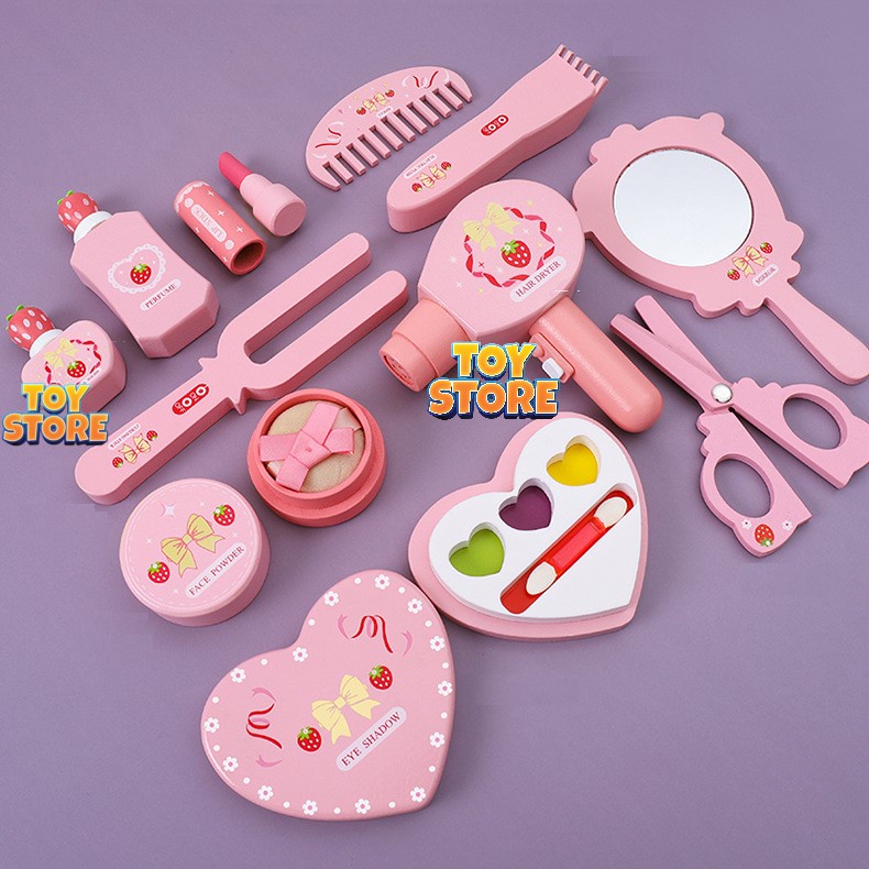 Bộ đồ chơi túi trang điểm gỗ FUDAER hoạ tiết dâu tây cho bé
