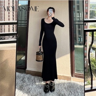 Olasome Đầm maxi Tay Dài Cổ Tròn Màu Trơn Dáng Ôm Thời Trang Mới 2023 Dành Cho Bạn Nữ
