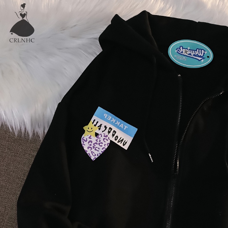 Áo Khoác Hoodie Tay Dài Dáng Rộng Có Khóa Kéo In Họa Tiết Thời Trang Mùa Thu Cho Nữ