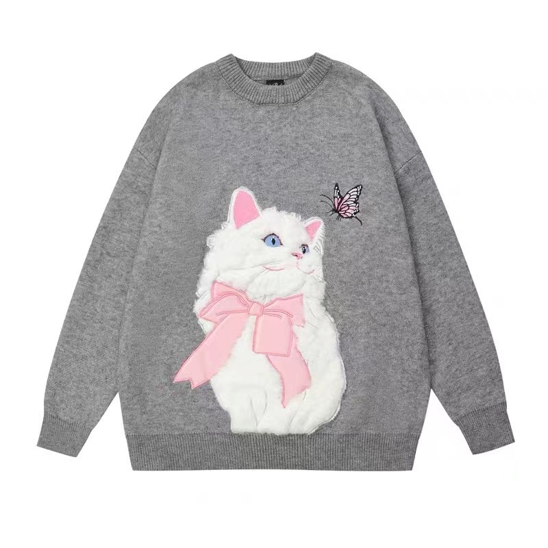 Áo sweater Cổ Tròn Dáng Rộng In Hình Mèo Thời Trang Mùa Thu Cho Nữ