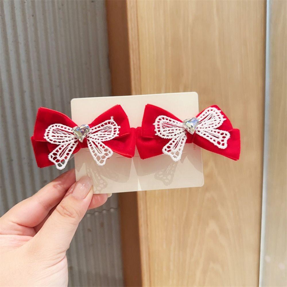 Kẹp Tóc Nơ Đỏ Bằng Vải Lông Phong Cách Trung Hoa Mừng Năm Mới Cho Bé Gái