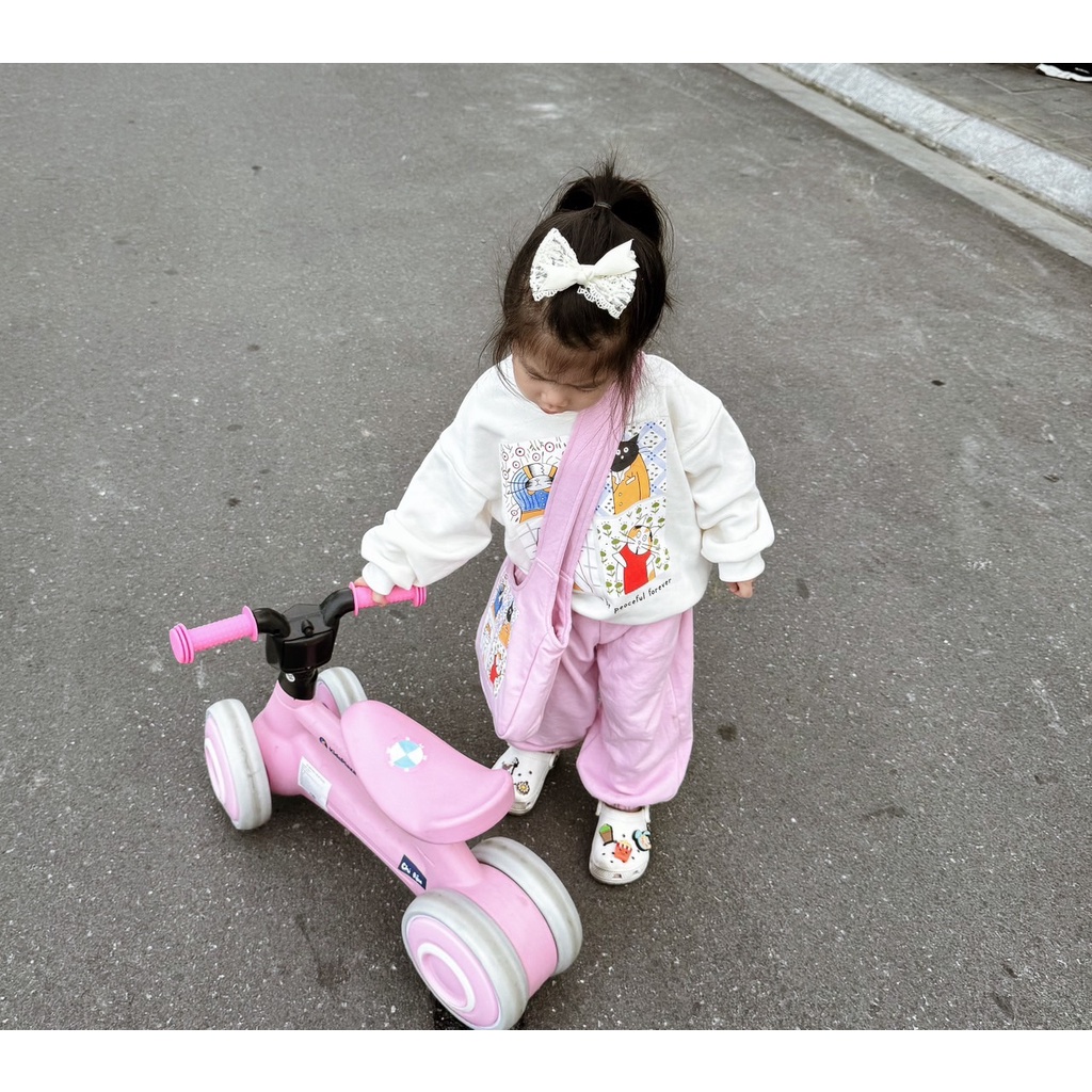 ✨MALINHKID✨BN075- Bộ nỉ trắng hồng tặng kèm túi trẻ em VNXK