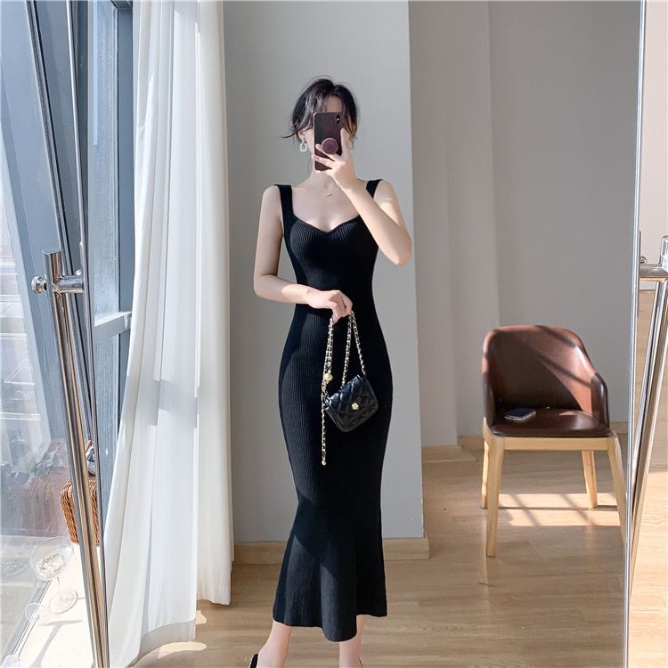 Mqaq 2023 Áo tank top Không Tay Cổ Chữ v + Chân Váy Dài Dệt Kim Thời Trang Mùa Thu Pháp