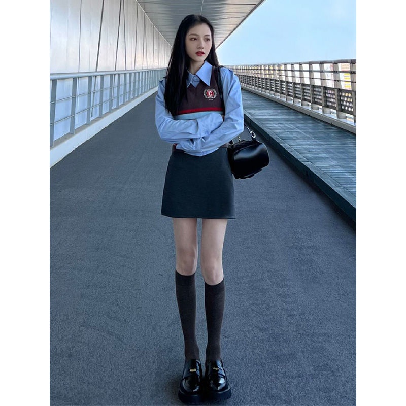 Bộ Áo Thun polo Dệt Kim + Chân Váy Ngắn Lưng Cao Họa Tiết Kẻ Sọc Phong Cách retro Mỹ Cho Nữ