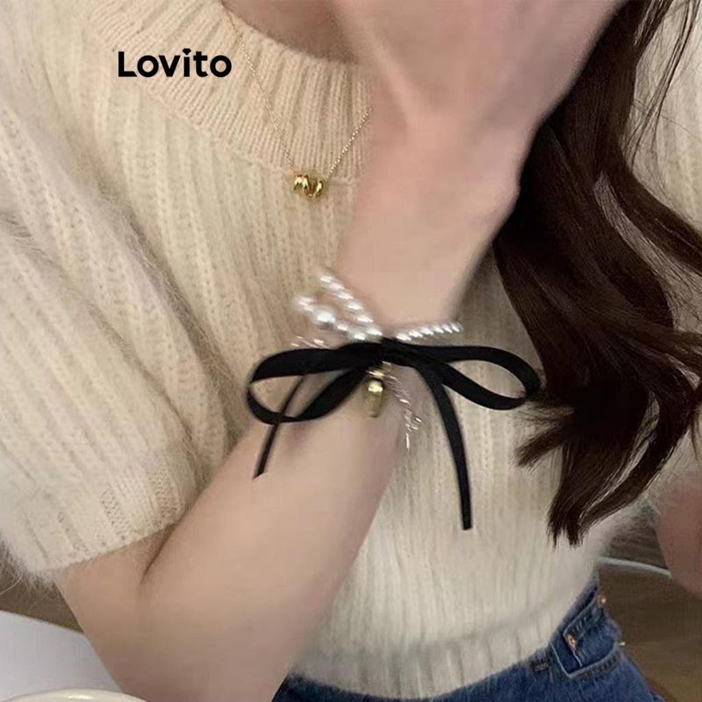 Lovito Dây buộc tóc nơ trơn đơn giản bằng ngọc trai dành cho nữ LNA32203 (Đen)