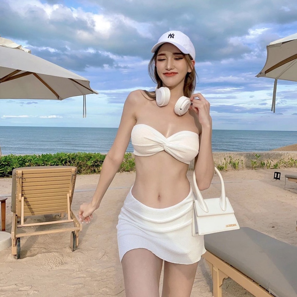 Bộ Đồ Bơi Ba Mảnh Màu Trơn Phong Cách Hàn Quốc Quyến Rũ Cho Nữ
