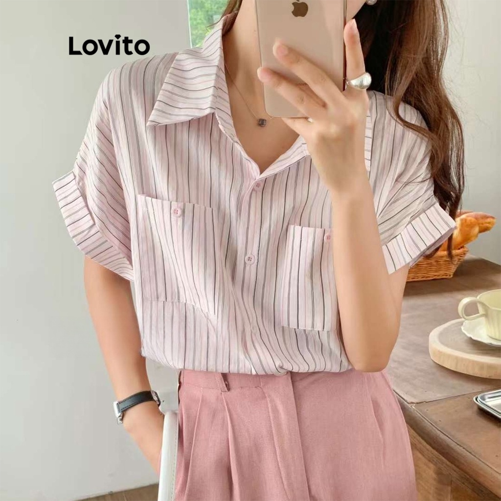 Áo kiểu Lovito họa tiết sọc tay cuộn lên có túi đính cúc thời trang thường ngày cho nữ LNE13002 (Hồng)