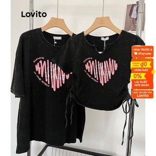 Áo thun Lovito giản dị họa tiết hình trái tim có dây rút cho nữ LNA11144 (màu đen)