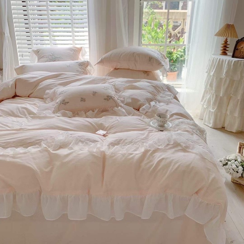 Bộ chăn ga gối Lụa thêu hoa viền bèo tiểu thư set 7 món