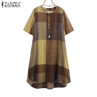 Zanzea Đầm Nữ Ca Rô Ngắn Tay Cổ Tròn Thời Trang Hàn