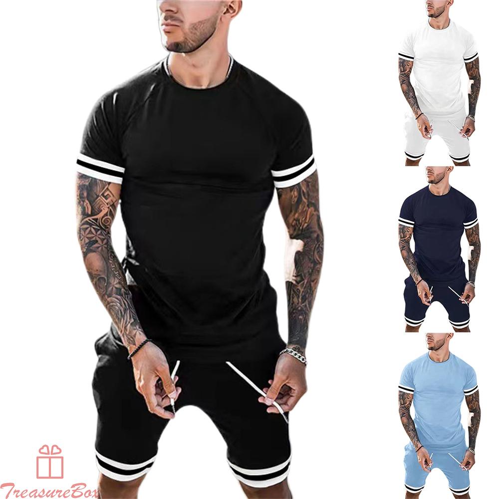 Tops+Pants For Men Gym Loose Men\'s Outfit Outfits Shorts Set Solid Color
