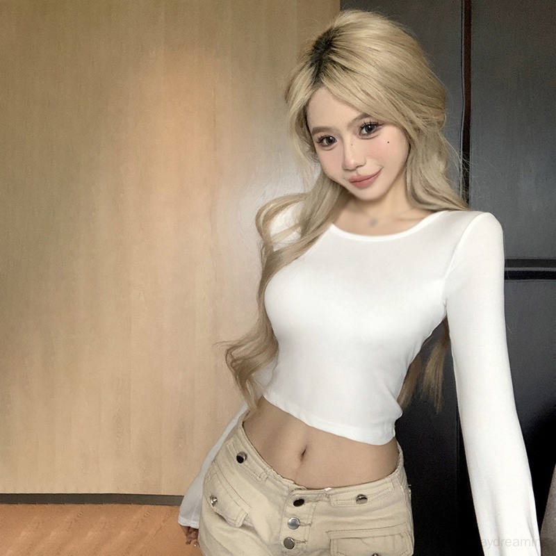 Áo Thun croptop Tay Dài Hở Lưng Màu Sắc Đơn Giản Phong Cách Hàn Quốc Quyến Rũ Cho Nữ