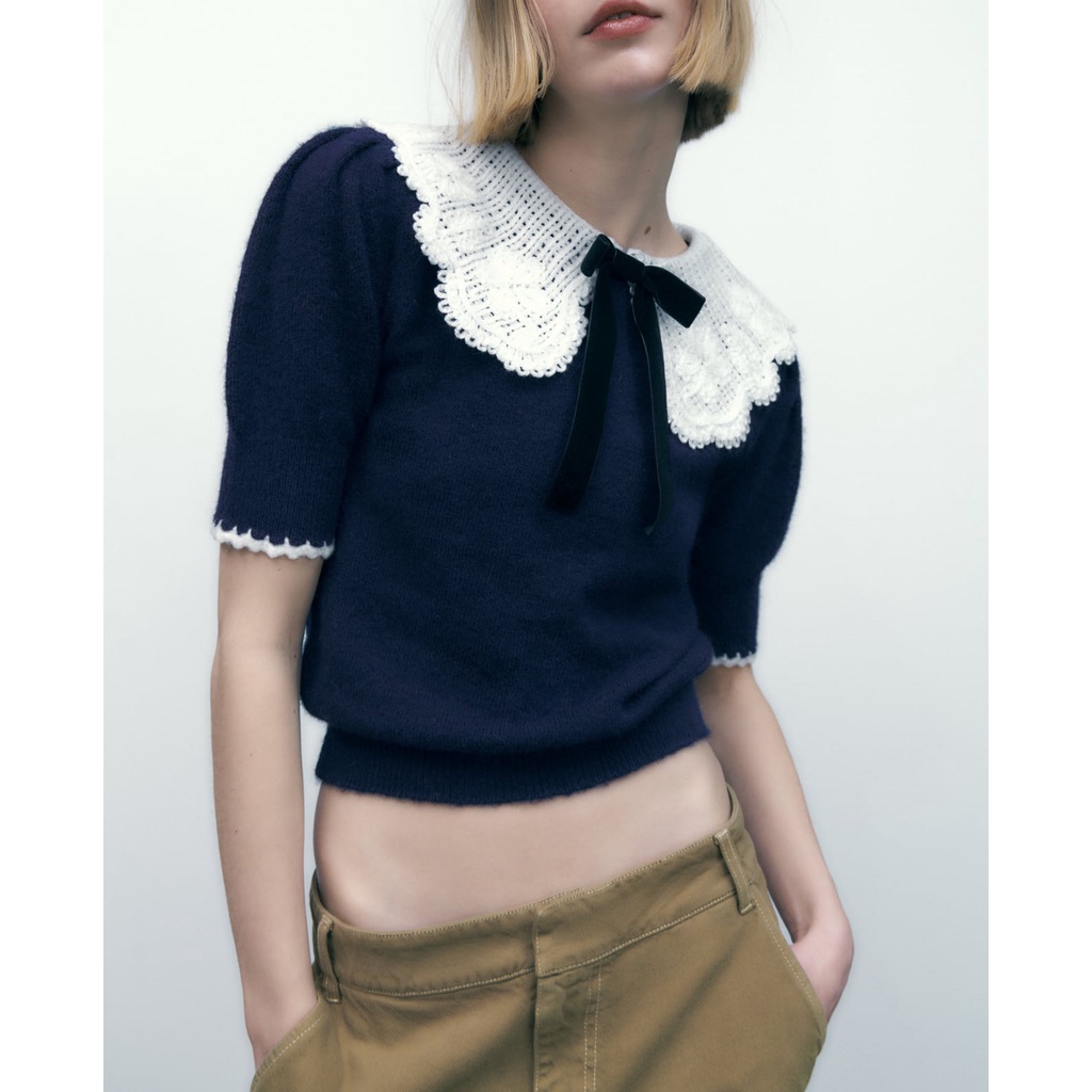 Zara Áo sweater Tay Ngắn Cổ Búp Bê Thắt Nơ Xinh Xắn Hợp Thời Trang 9598014