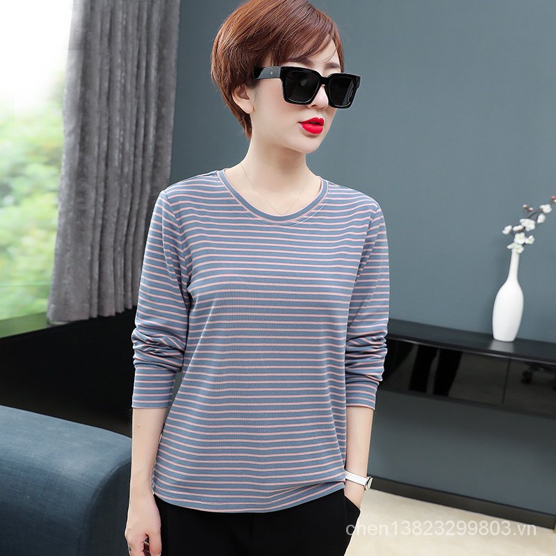 Plus Áo Thun Tay Dài Dáng Rộng Họa Tiết Kẻ Sọc Thời Trang Xuân Thu Xinh Xắn Cho Nữ