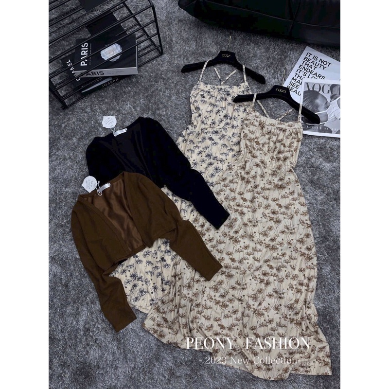 Set váy hoa kèm áo khoác len