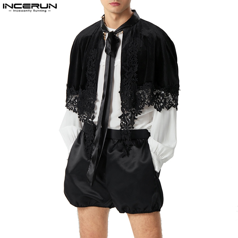 Incerun Áo Choàng Nhung Ngắn Phối Ren Màu Chắp Vá vintage Cho Nam