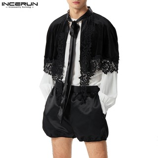 Incerun Áo Choàng Nhung Ngắn Phối Ren Màu Chắp Vá vintage Cho Nam