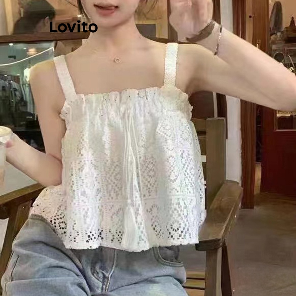 Áo sát nách Lovito phối ren ghép vải màu trơn thường ngày cho nữ LNE21194 (Màu trắng/ đen)