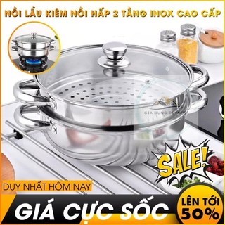 Nồi hấp inox 2 tầng, Xửng Hấp 2 Tầng đa năng 28cm, cách thủy tiện lợi, Nồi hấp inox 2 tầng kèm lẩu - Gia Dụng OLympia