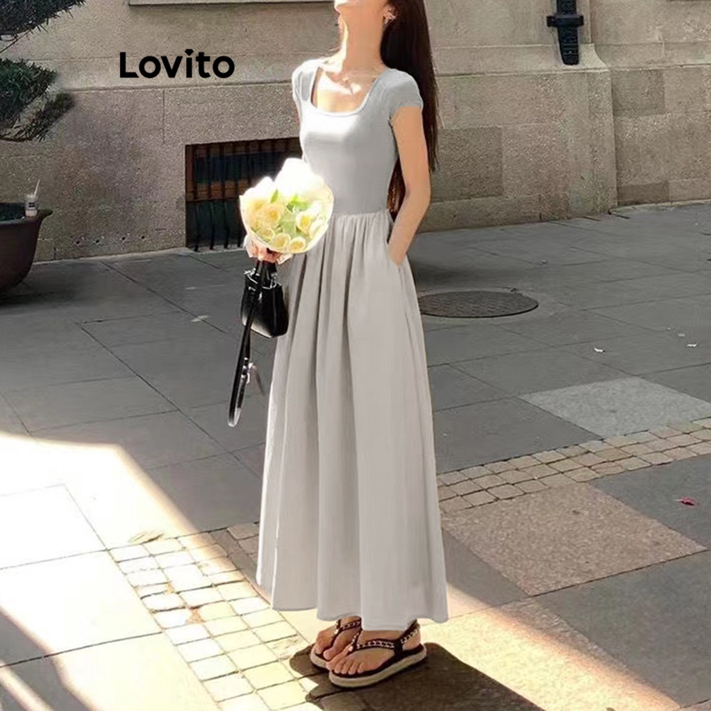 Đầm Lovito xếp nếp khâu vải màu trơn thường ngày cho nữ LNA19090 (màu cà phê)