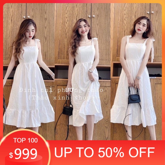 Đầm vai dây cột nơ vải đũi ( kèm ảnh và video)