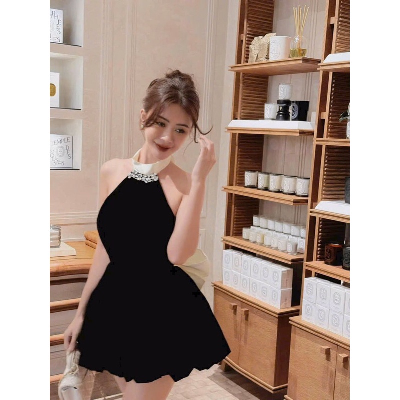 Váy nhung cứng cổ nơ