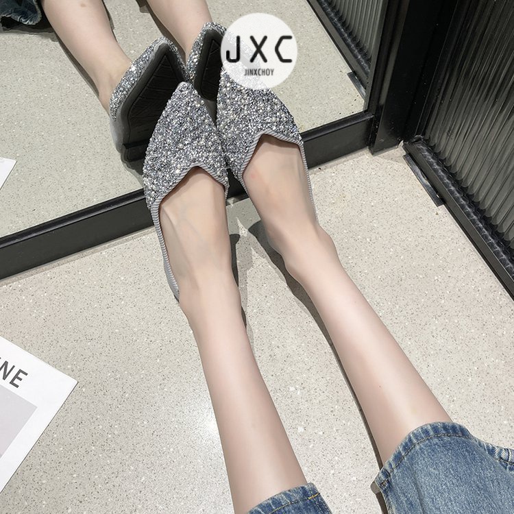 Mới Giày Lười Da pu Gót Thấp Mũi Nhọn Đính Sequin Lấp Lánh Thời Trang Cho Nữ